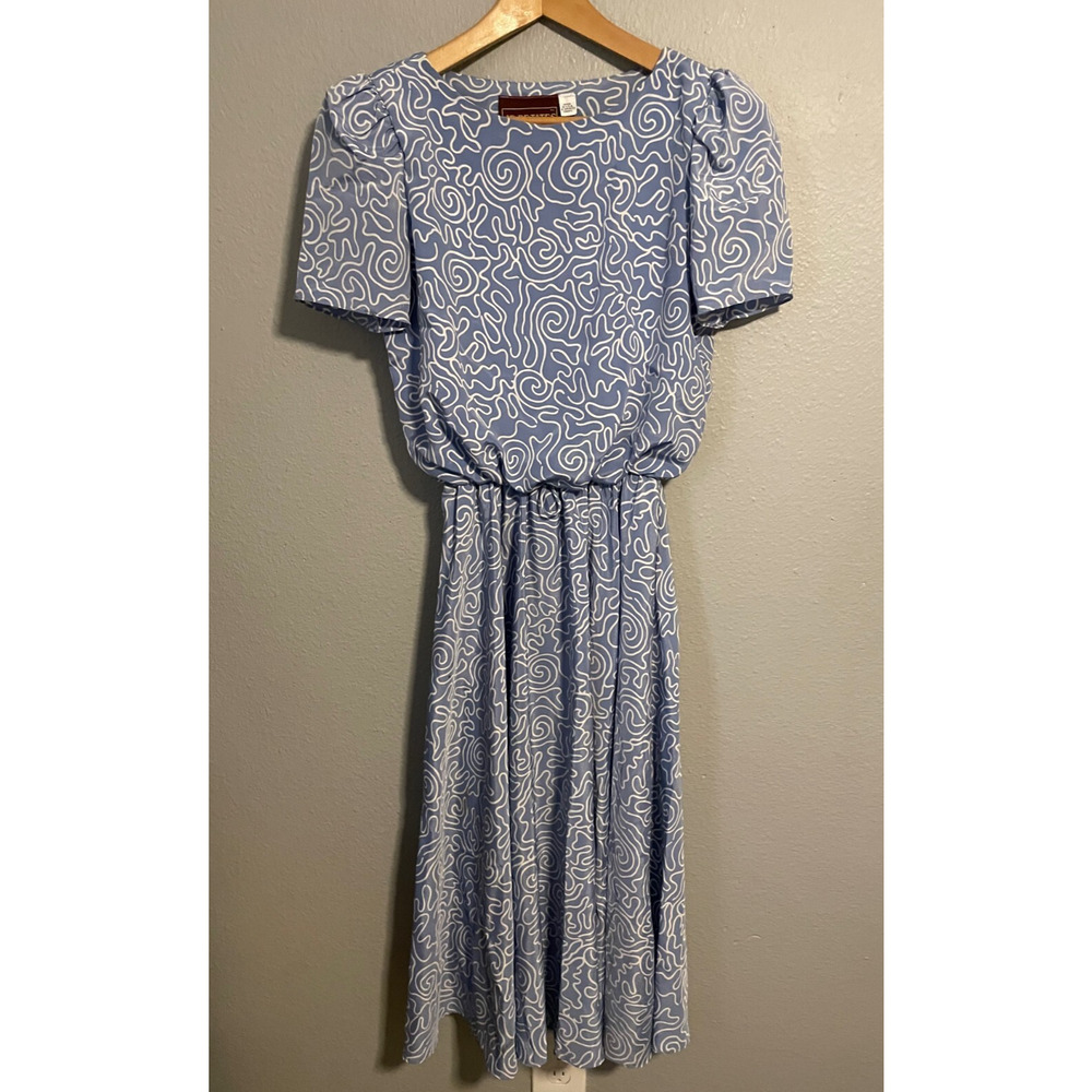 Vintage JT Womens Midi Dress 8 Petite Blue Abstract Satin Pleated Prairie READ